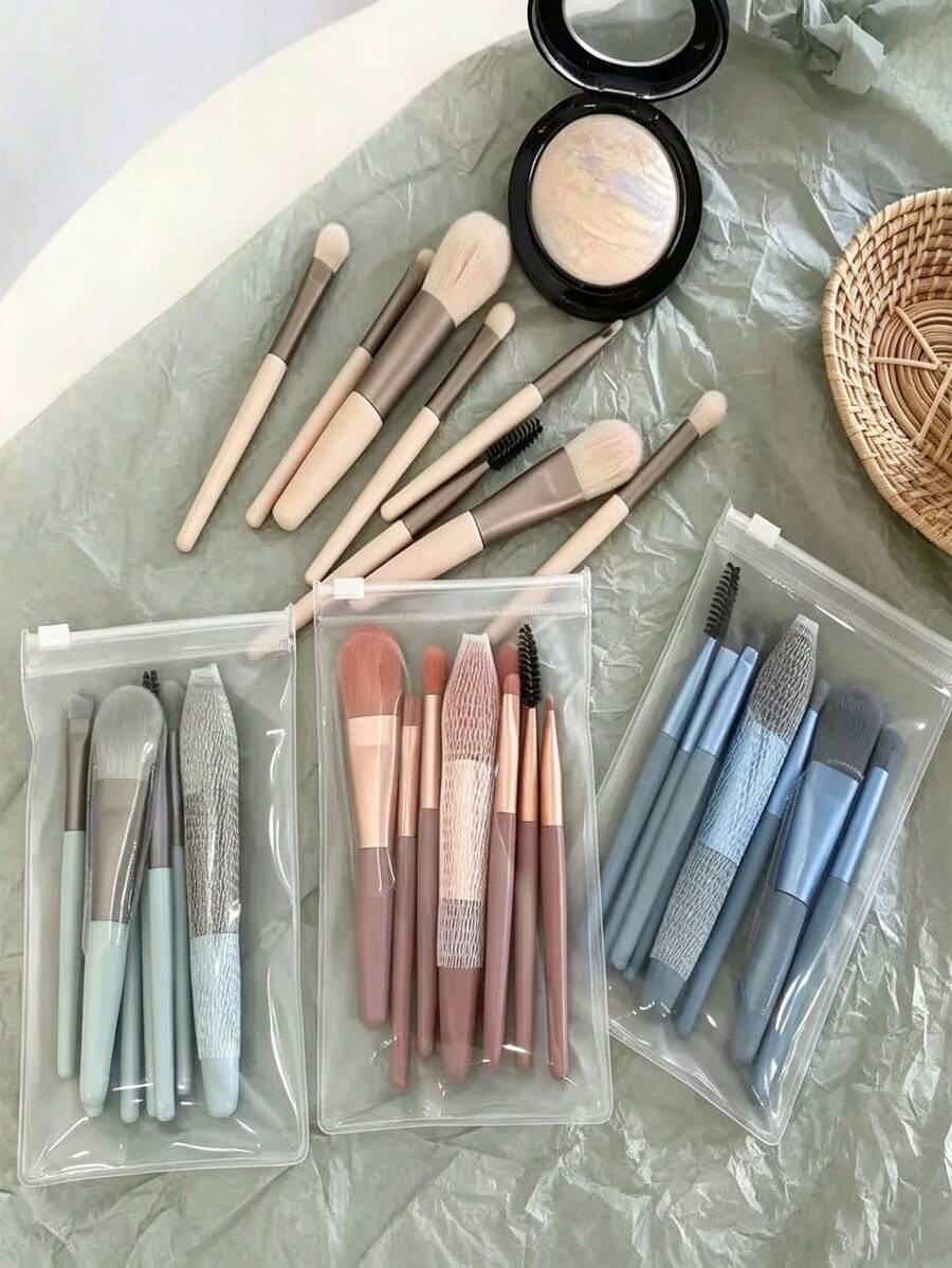 Set de 8 piezas de brochas de maquillaje mini suaves y mate, kit portátil de brochas de sombra de ojos y rubor para maquillaje completo - Multicolor - Ver 1