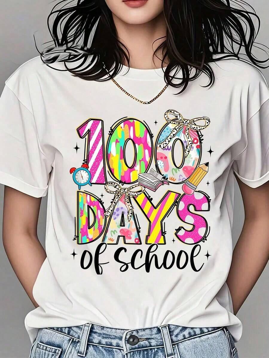 Women's Crew Neck T-Shirt, Colorful "1000 Days Of School" Print With Text, Short Sleeve For School Events, Cool Summer Clothes For Women - 白色 - 查看 1