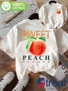 High-End Printed T-Shirt For Women, Sweet, Vibrant And Youthful Peach Print, For Daily/Summer Wear, Double-Sided Print On The Front And Back, Simple And Modern Design, Breathable Summer Casual Wear, Unisex. - 白色 - 查看 12