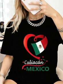 Women's T-Shirt With Culiacán Sinaloa Mexico Heart Flag - Fashionable Casual Graphic T-Shirts For Women - Everyday Wear T-Shirts, Party And Carnival Style Streetwear With Breathable Blouses For Daily Wear And Activities. - 黑色 - 查看 7