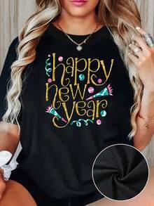 Women's Short Sleeve Crew Neck T-Shirt With Festive New Year's Print, Loose Fit Y2K - Summer Casual Top, Includes New Year's Eve Outfit, Comfortable Spring And Summer Casual Wear, Machine Washable Top, Suitable For Year-Round Celebrations 9079-P0 Summer Streetwear With Graphic Print. - 黑色 - 查看 2