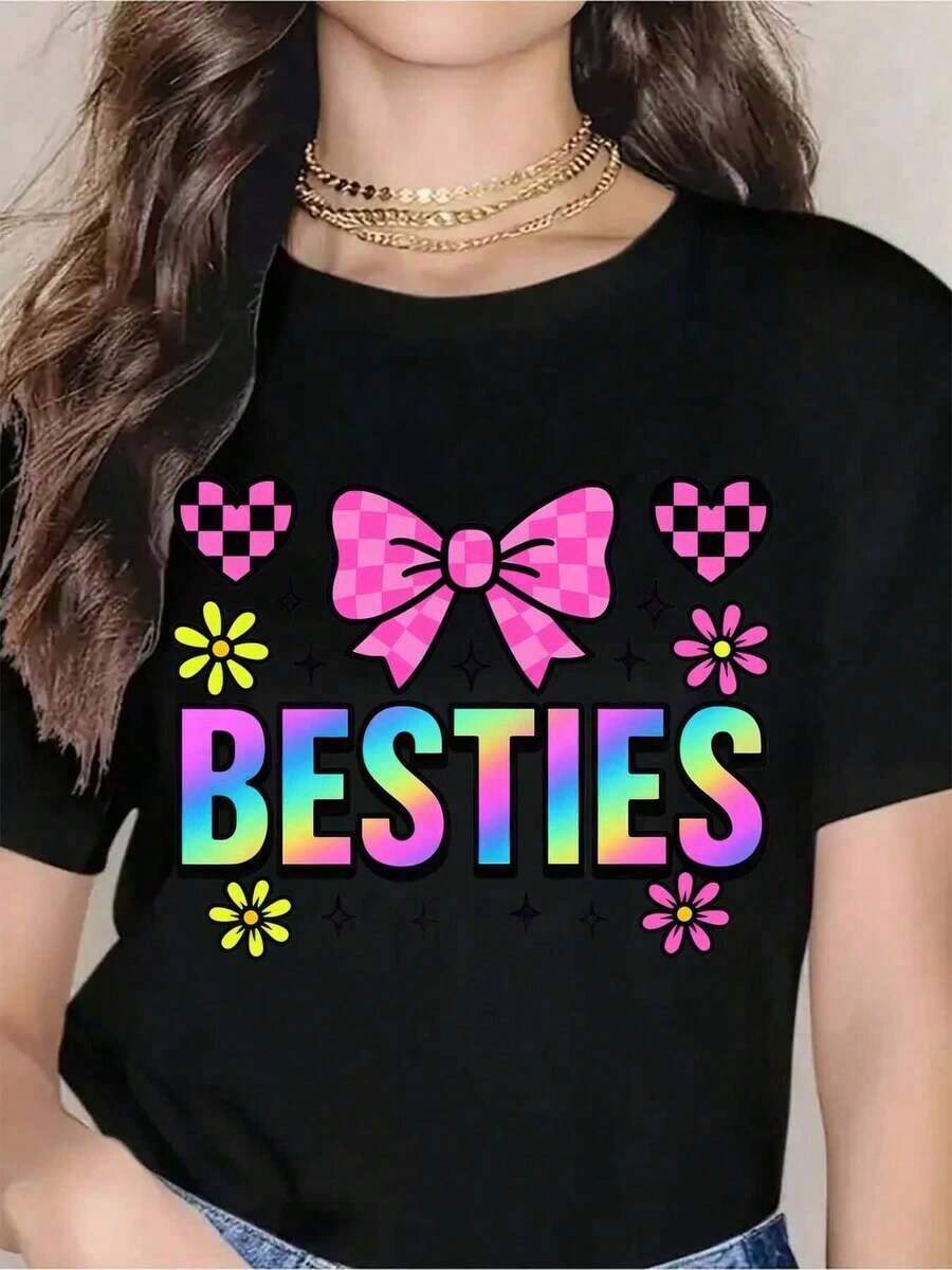 Rainbow Besties Tie Dye T-Shirt With Pink Bow And Hearts For Women And Girls, Friendship Gift, Party Wear, Summer Outfit, Cute Fashion Top, Women's T-Shirt - 黑色 - 查看 1