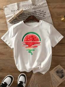 2026Mujer Camiseta Blanca con Estampado de Sandía Fundida Diseño Veraniego Casual para Mujeres Tops de Manga Cclothesta Estilo Bohemio para Playa y Ociocool100% Cotton - Blanco - Ver 2