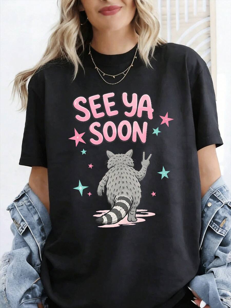 Una camiseta de mujer de manga corta, holgada, moderna, a la moda, retro y elegante, adecuada para actividades al aire libre en primavera y verano, camiseta de la temporada de graduación See Ya Soon Raccoon Fun, camiseta holgada para mujer estilo Y2K, camiseta estampada holgada de estilo callejero retro de los años 2000, 180 gramos.blusas para mujer,blusas casuales para dama,tops,, mujer premium,y2k,playeras de mujer curvy,ofertas y liquidaciones ropa mujer,playeras deportivas para mujer,,playeras de hombre, mujer,blusas>elegante SSAO - Negro - Ver 1