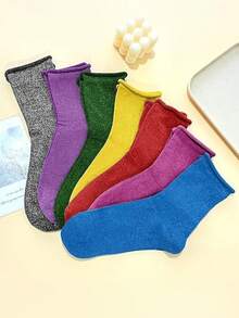 1/6/10 Pairs Random Women Socks, Solid Color Cuffed Design With Metallic Glitter, Sexy Mid-Calf Socks, Suitable For All Seasons - Multicolor - View 8
