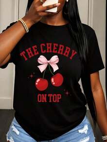 The Cherry On Top Women's T-Shirt With Pink Bow And Red Cherry Graphic, Casual Summer Set, Fun And Eye-Catching Tee For Valentine's Day, Birthday Party Or Everyday Wear. - 黑色 - 查看 7