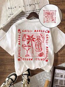 Women's Summer T-Shirt, Loose And Modern Style, "Chilli Margs" Tequila & Margarita Design, Breathable And Comfortable, Short Sleeve, Soft Cotton Round Neck, Ideal For Casual Outings And Singles Party Looks. - 白色 - 查看 1