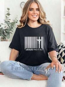 Estilo para Mujeres, Camiseta "Jesús Pagó Todo", Camisetas Cristianas, Camiseta Holgada para Mujeres, Perfecta para Fiestas o Regalos, Suave y Cómoda - Negro - Ver 6