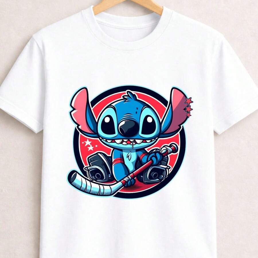 Stitch Hockey T-Shirt, Lilo Cartoon Character Tee, Goalie Graphic Shirt - 白色 - 查看 1