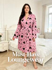 Women's Plus Size Long Sleeve Pink Heart Pattern Bathrobe With Belt, Ribbed Texture Loose Fit Morning Robe, Mid-Length Suitable For Summer, Spring And Autumn, For Bathroom, Gym, Hotel, Beach Vacation, Daily Essentials, Home And Travel, Holiday Gift - Multicolor - View 8