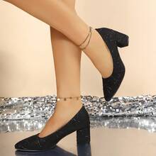 Elegant Shiny Jacquard Thick Heel Pointed Toe Pumps, Versatile Mid-Heel Low Vamp High Heels For Daily, Work, Party, Bridesmaid - Black - View 4
