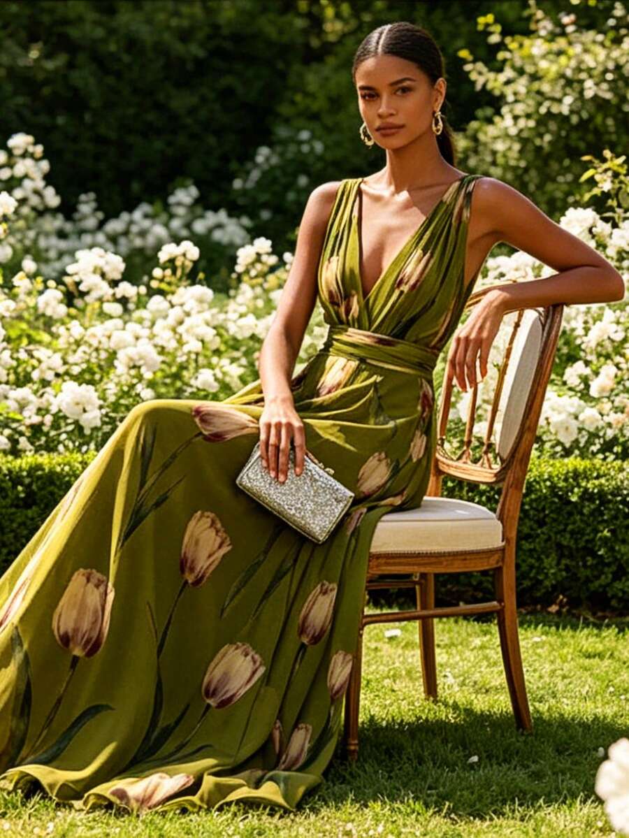 Elegant Women's Boho A-Line Sleeveless Deep V Neck Long Dress With Ruffle Hem And Floral Print - màu xanh lá - Xem 1