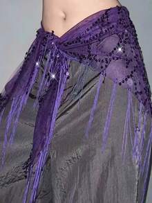 Women Belly Dance Sequin Tassel Hip Scarf Triangle Belt Wrap Skirts Music Festival Sheer Mesh Waist Chain - 黑色2 - 查看 3