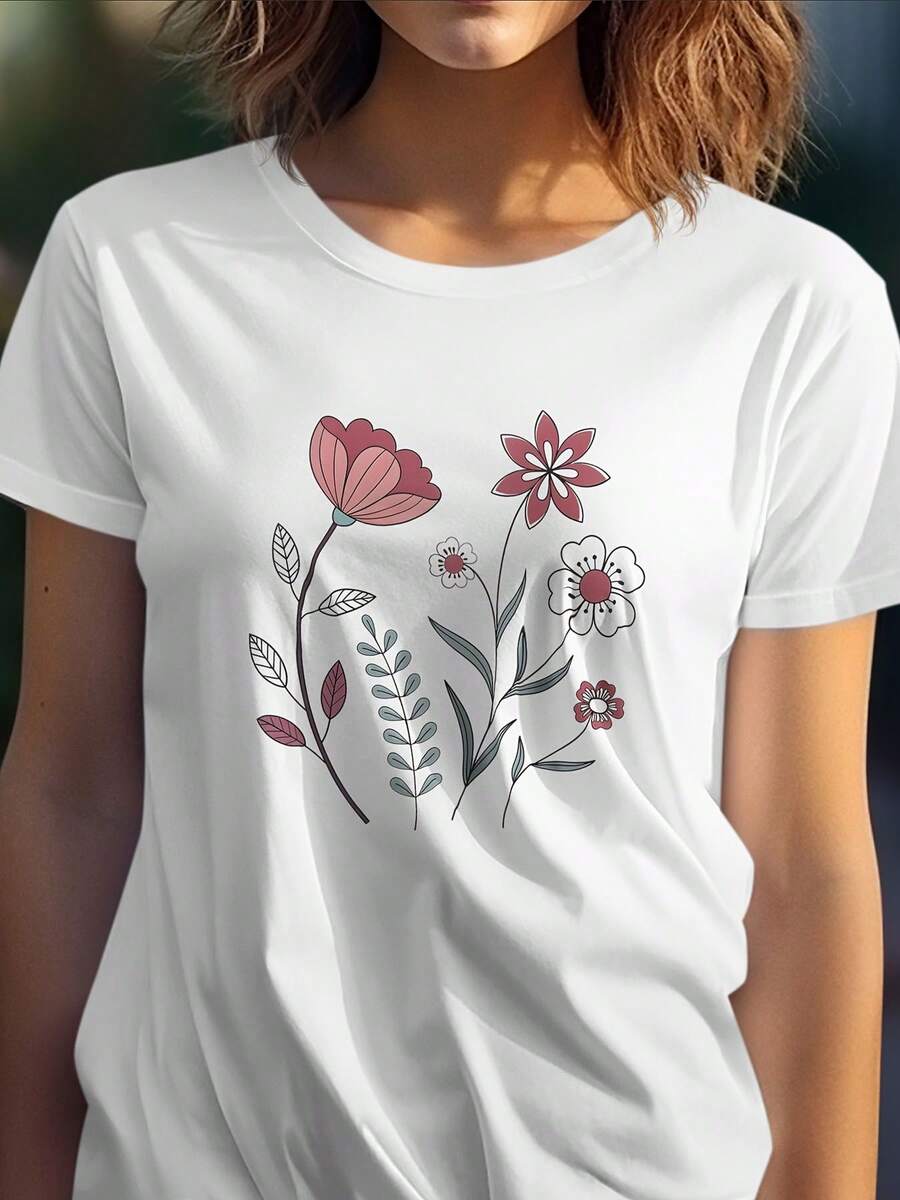 Women's Graphic T-Shirt, Floral Print, Soft And Breathable, With Red And Pink Floral Bouquet, Relaxed Fit, Casual Top For Everyday Wear In Spring, Summer And Autumn, Machine Washable, White T-Shirt For Women, Outdoor Picnic T-Shirts, 100% Cotton - 白色 - 查看 1