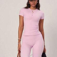 PinkTip Khaki Basic Top And Pants Set, High-Waisted Loose Fit, Essential For Summer Casual And Fitness Sports - Rojo - Ver 6
