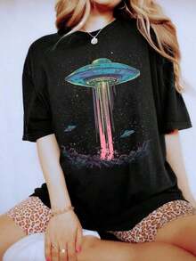 Alien Retro Casual T-Shirt, Space UFO T-Shirt, Outer Space Graphic T-Shirt, Galaxy Print, Funny Sci-Fi T-Shirt, Modern Minimalist Sweatshirt, Cool, Millennium Theme, 100% Pure Cotton T-Shirt. - 黑色 - 查看 7