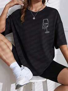 1 Piece Of Women's Graphic T-Shirt With Wine Glass Design, Minimalist Round Neck, Casual Cotton T-Shirt For Wine Lovers, Everyday Black Top, 180g 100% Cotton. - 黑色 - 查看 7