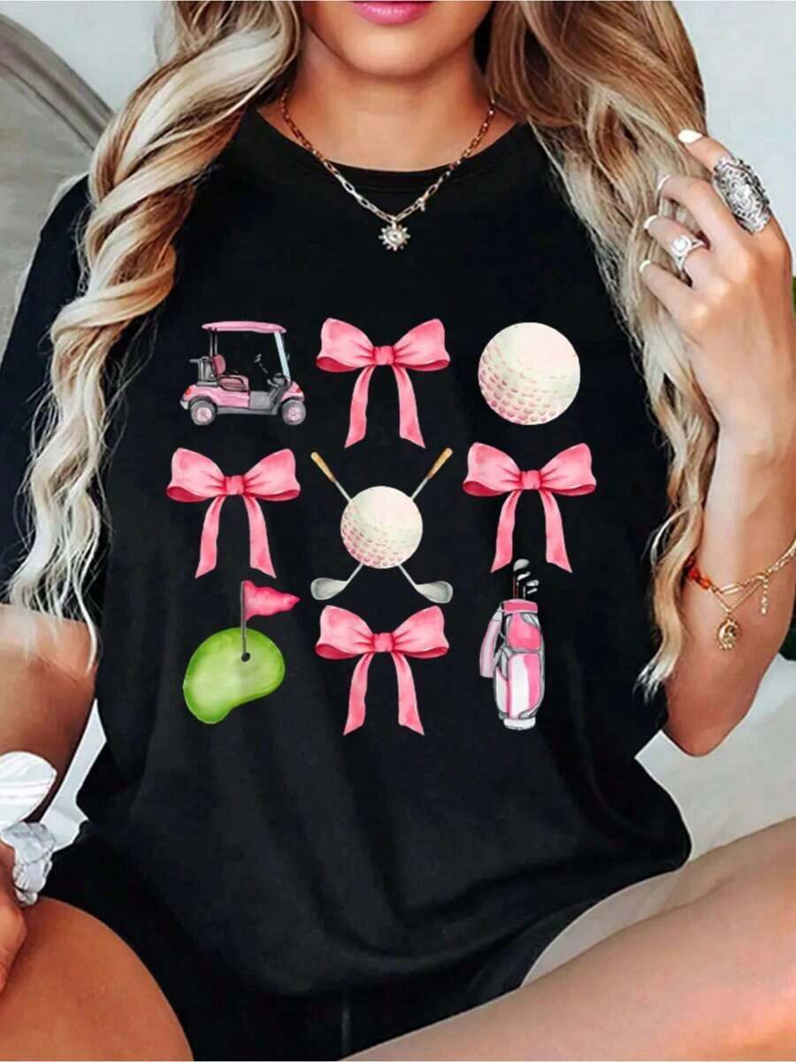 1 Piece Women's Golf T-Shirt With Golf Bow, For Golfing Mom, For Golf Game Day, Short Sleeve, Round Neck, Casual Top For Summer And Spring, Women's Clothing, 180g 100% Cotton. - 黑色 - 查看 1