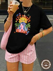 Women's Summer Clothes, 1 Piece, "Let The Sun Shine" - Summer Sun Print T-Shirt, Palm Trees And Women, Round Neck, Short Sleeve,  Casual Top, Stylish Party Wear, Loose Fit, Holiday Gift, Fun Design, Everyday Wear, Loungewear. Printed, Simple, Versatile, Loose Fit, Fitted Round Neck Top. - 黑色 - 查看 12