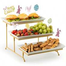 YHOSSEUN - Bandeja grande para servir de 3 niveles con soporte para servir, platos para servir para recibir invitados, adecuada para exhibir mesas de postres, suministros de catering, 30 cm, oro - Soporte dorado - Ver 9