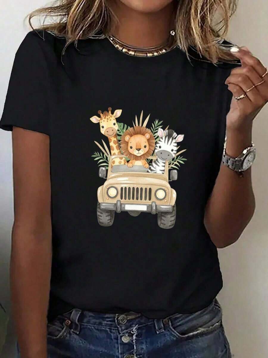Camiseta de mujer de gran tamaño con estampado vintage de animales de safari - Top casual de ajuste suelto con diseño de jirafa y león, camiseta blanca de manga corta para primavera y verano para atuendos casuales y eventos temáticos (sin relleno en el pecho, tela transpirable), atuendo de safari para mujeresPure-Cotton - Negro - Ver 1
