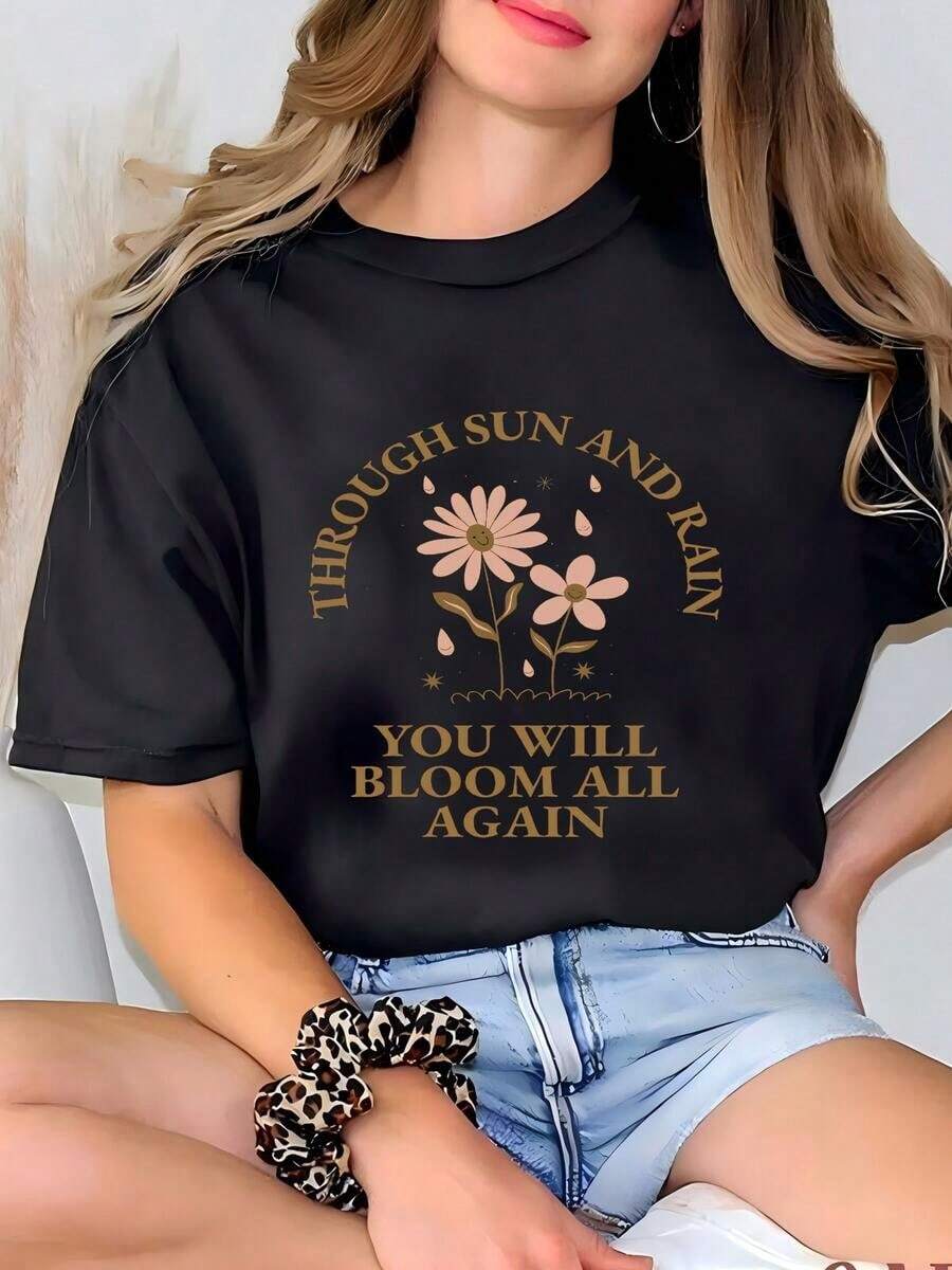 Women's Sun And Rain T-Shirt, Inspirational Gift, "Be Kind" Hoodie, Kindness T-Shirt, Unisex Gift For Her, Floral T-Shirt, Cute T-Shirt. - 黑色 - 查看 1