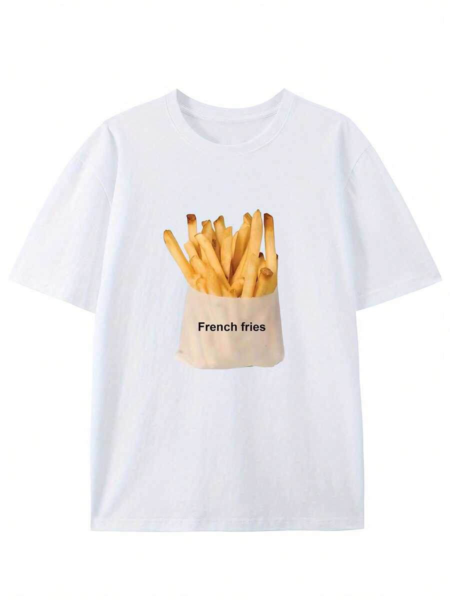 Men's Cotton T-Shirt With Vintage Style And Creative French Fries Print - Casual Round Neck, Short Sleeve For Summer - [White] - View 1