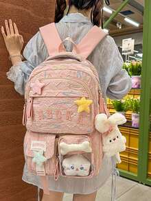 Mochila con colgante de peluche de estrella linda, mochila bordada de estilo femenino, mochila de gran capacidad para estudiantes de secundaria/preparatoria - Multicolor - Ver 4