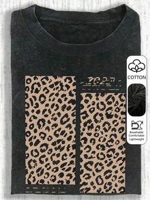 Women's Casual Vintage Washed T-Shirt, Leopard Print Patchwork Numeric Logo Decor Round Neck Short Sleeve Loose Tee, Suitable For Outings, Summer, Vacation, Plus Size Black - Black - View 5