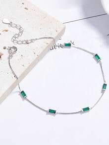 1 chiếc vòng tay bạc 925 cao cấp dạng dây hộp mảnh mai, hình chữ nhật, đính đá Cubic Zirconia màu xanh ngọc lục bảo, có thể điều chỉnh kích thước, trang sức tối giản sang trọng không gây dị ứng, quà tặng cho phụ nữ. - Bạc - Xem 1