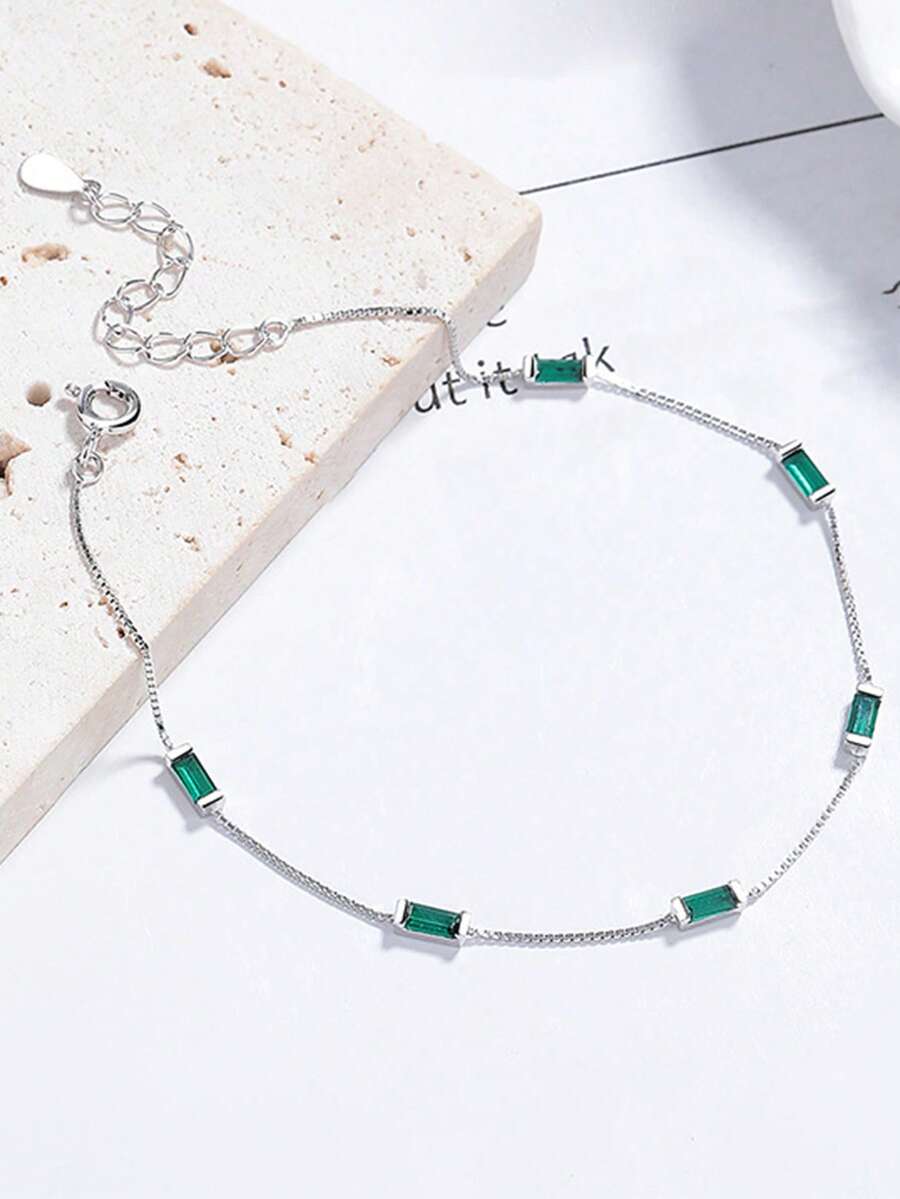 1 chiếc vòng tay bạc 925 cao cấp dạng dây hộp mảnh mai, hình chữ nhật, đính đá Cubic Zirconia màu xanh ngọc lục bảo, có thể điều chỉnh kích thước, trang sức tối giản sang trọng không gây dị ứng, quà tặng cho phụ nữ. - Bạc - Xem 1