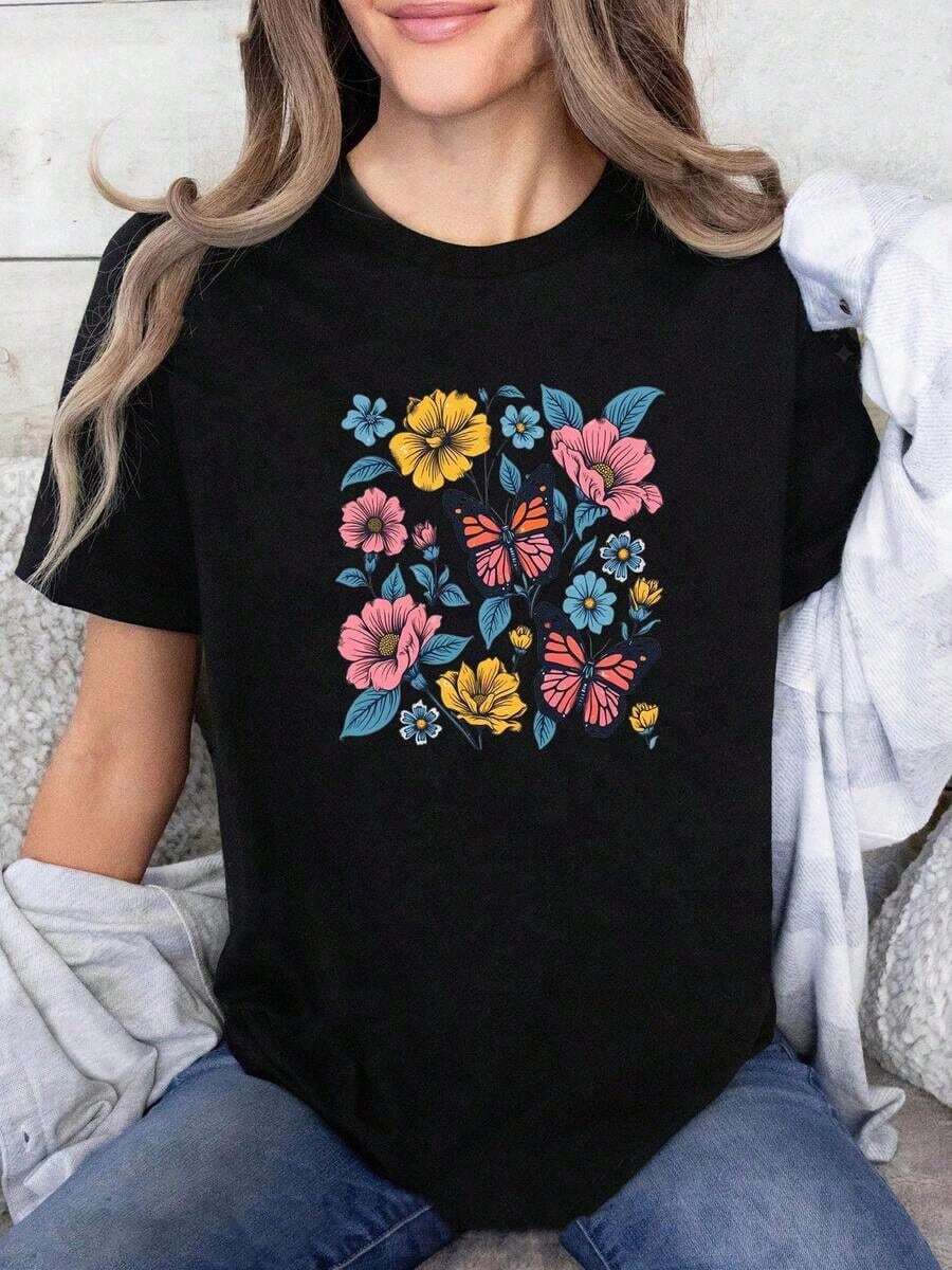 Women's Cotton T-Shirts With Vibrant And Colorful Butterfly Floral Print - Unisex Round Neck Short Sleeve T-Shirt, Made Of Soft And Breathable Fabric With Black Base And Colorful Floral Design, Suitable For Daily Wear In Spring, Summer And Autumn, An Ideal Gift. - 黑色 - 查看 1
