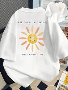 New 180g Short-Sleeved T-Shirt, 1% Cotton, With Front And Back Print - Mother's Day, Smiling Sun Face - Fashionable Printed T-Shirt For Women, Short-Sleeved, For All Seasons, Modern Clothing - Suitable For Layering In Spring And Autumn Or As A Standalone Garment In Summer, Unisex. - 白色 - 查看 1