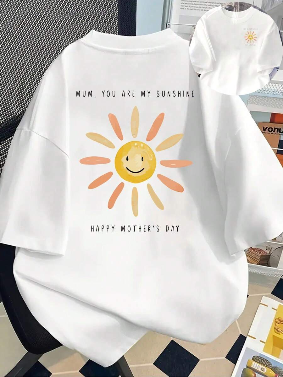 New 180g Short-Sleeved T-Shirt, 1% Cotton, With Front And Back Print - Mother's Day, Smiling Sun Face - Fashionable Printed T-Shirt For Women, Short-Sleeved, For All Seasons, Modern Clothing - Suitable For Layering In Spring And Autumn Or As A Standalone Garment In Summer, Unisex. - 白色 - 查看 1