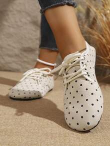 Women's Polka Dot Lace-Up Flat Casual Shoes, Soft Bottom Round Toe Breathable Retro Daily Loafers - Beige - View 4