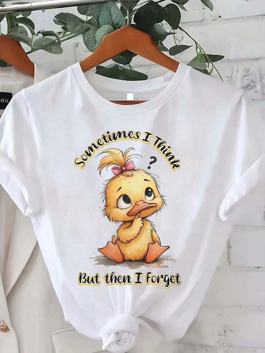 Plus Size Women's Modern Minimalist T-Shirt With Funny Duck Print And The Slogan "Sometimes I Think Too Much, But Then I Forget" - Casual Short Sleeve T-Shirt - Cartoon Duck And Bow Design - Plus Sizes 0-8XL (Machine Washable) - Casual Wear For All Four Seasons, For Everyday Use. - 白色 - 查看 1