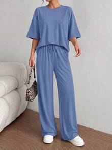 PRETTYGARDEN Women's Summer Clothes 2 Piece Sets Lounge For Short Sleeve Matching Airport Travel Outfits Casual Gray Blue Vacation Summer Brunch Outfits For Women Mothers Day Outfit - 灰藍色 - 查看 3