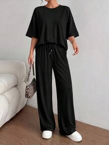 PRETTYGARDEN Women's Summer Clothes 2 Piece Sets Lounge For Short Sleeve Matching Airport Travel Outfits Casual Black Vacation Summer Brunch Black Outfits For Women Mothers Day Outfit - 黑色 - 查看 3