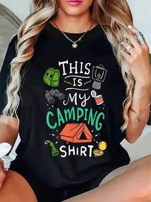 Women's Casual Top. Plus Size Women's Short-Sleeve T-Shirt With Camping Print - Tent And Campfire Design, Crew Neck, Breathable All-Season Activewear, Adventure Gear, Fun Design, Comfortable Style. A Must-Have For Everyday Casual Wear. - 黑色 - 查看 7
