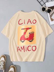 【隨機5件，1件發貨】復古青少年女孩米色寬鬆大尺寸T恤，Ciao Amico 機車背印夏季休閒短袖上衣 - 杏色 - 查看 3
