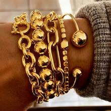 Set de 5 pulseras para mujer, diseño minimalista y exagerado de moda vintage con cadena gruesa y cuentas, pulseras CCB adecuadas para citas, vacaciones, uso diario, fiestas, regalo de vacaciones - Amarillo Oro - Ver 2