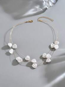 1pc Women's Retro Fashion Heart-Shaped Faux Pearl Copper Wire Multi-Layer Necklace, Personalized Versatile Choker Suitable For Party Wear - Multicolor - View 5
