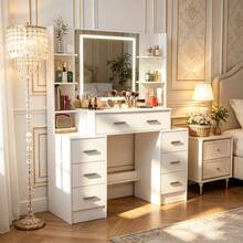 Large Dressing Table With LED Lighted Mirror Stool 10 Shelves Vanity Makeup Desk - Dressing Table With Drawers Mirror Stool Set Makeup Desk Vanity Table Bedroom - White - View 3