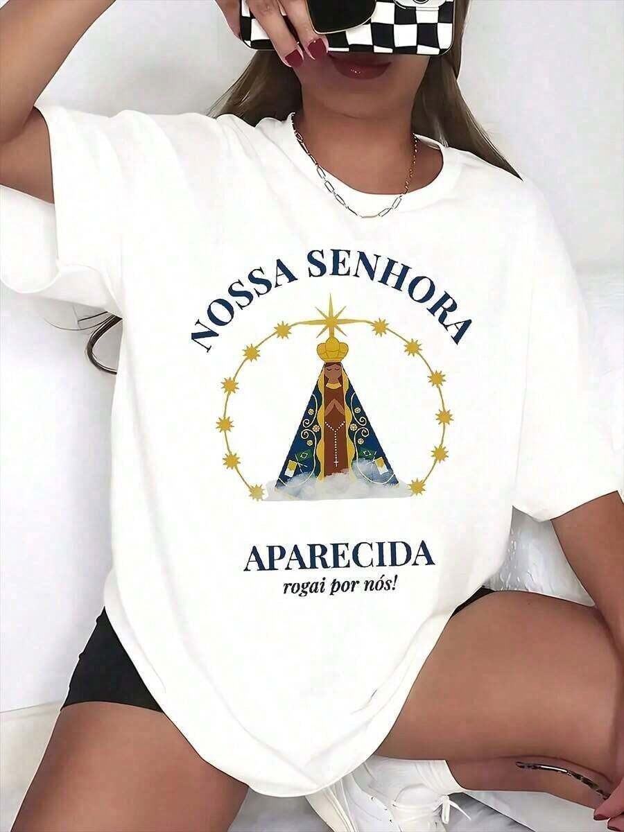 100% Cotton, 1 Piece, Our Lady Of Aparecida Prayer Religious T-Shirt For Women And Men, Catholic Devotion Gift, Wearable Artistic Design, 100% Cotton Women's Simple Solid Color T-Shirt, Loose And Slim Fit Casual Short Sleeve - 白色的 - 查看 1