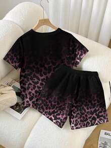 Conjunto casual diario de top de manga corta de cuello redondo de unicolor y shorts con cordón en la cintura para mujer - Rosa 2 - Ver 2