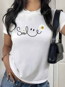Short Sleeves With Digital Daisy Print And Motivational Phrase. 1 Unit, 100% Cotton, Floral Theme. Women's Round Neck T-Shirt, 220 Grams, Modern Style, Casual Design. Leisure - 白色 - 查看 7