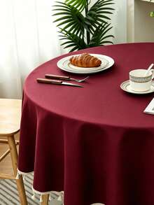 1pc Plain Round Polyester Tassel Tablecloth, Suitable For Wedding, Birthday Party, Outdoor, Study Room, Living Room And Dining Table Decor - Burgundy - View 3