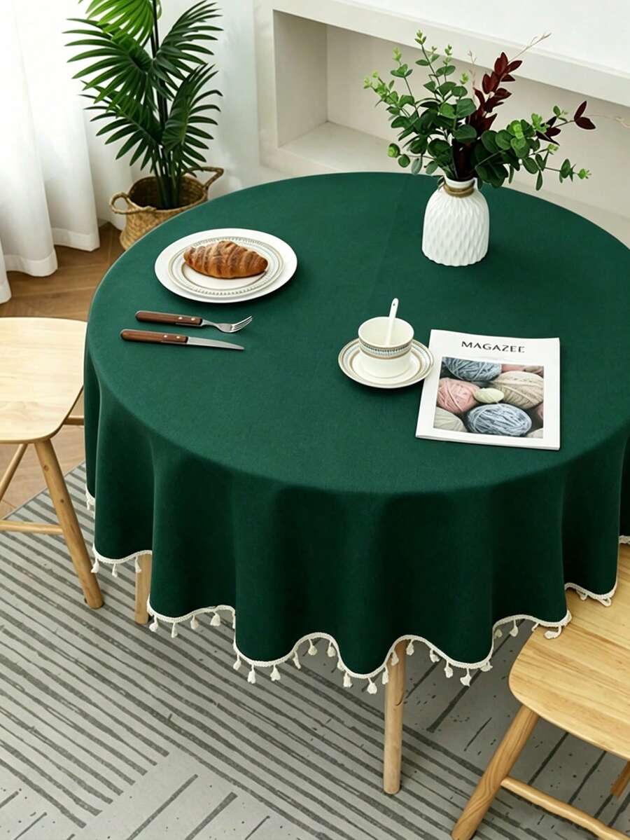 1pc Plain Round Polyester Tassel Tablecloth, Suitable For Wedding, Birthday Party, Outdoor, Study Room - Dark Green - View 1