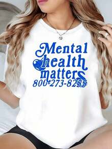 100% Cotton. Positive Phrase Promoting The Importance Of Mental Health Care And Displaying A Helpline Number In Blue. Women's T-Shirt, 100% Cotton, 220g. Women's Simple Solid Color T-Shirt, Loose And Slim Fit Casual Short Sleeve - 白色的 - 查看 8