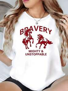 100% Cotton. Horses In A Defiant Stance Symbolizing Courage, Strength, And An Unstoppable Spirit. Women's 100% Cotton 220g T-Shirt, Comfortable And Casual. Women's Simple Solid Color T-Shirt, Loose And Slim Fit Casual Short Sleeve - 黑色 - 查看 8